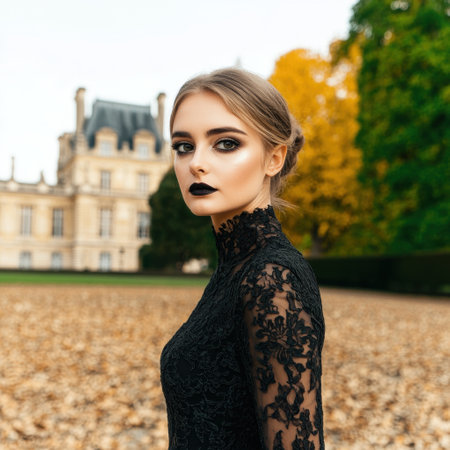Gothic Fashion Model in Black Lace Dress Posing in Autumnの素材