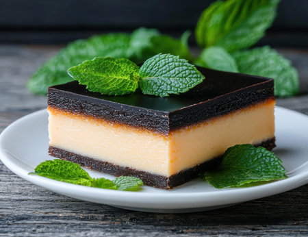 Delicious chocolate caramel cheesecake dessert on a white plateの素材