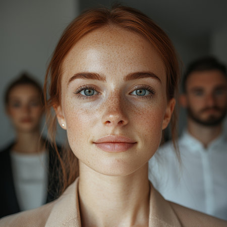 Confident young businesswoman with freckles looking at the cameraの素材