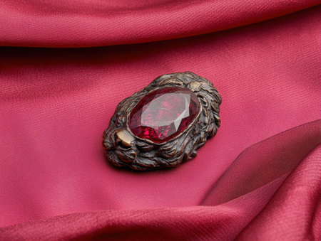 Red gemstone lion brooch on red silk fabricの素材