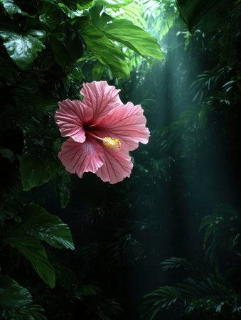 Pink Hibiscus Flower in Lush Tropical Rainforest Settingの素材