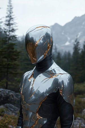 Futuristic robot in metallic armor stands in a mountain landscapeの素材