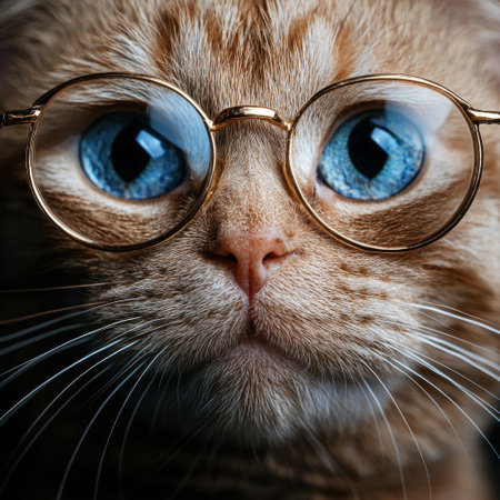 Close-up of an adorable ginger cat wearing glassesの素材