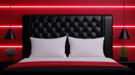 Luxury modern bedroom interior with red walls and black headboardの素材