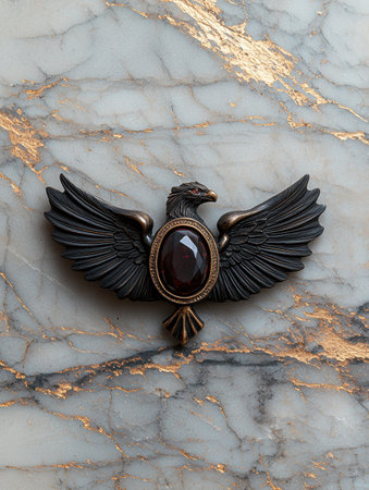 Dark bronze eagle brooch with garnet gemstone on marble backgroundの素材