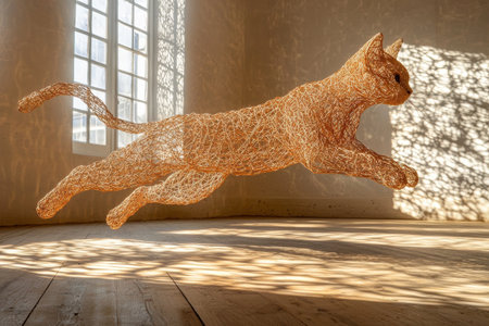 Wire cat sculpture in a sunlit roomの素材