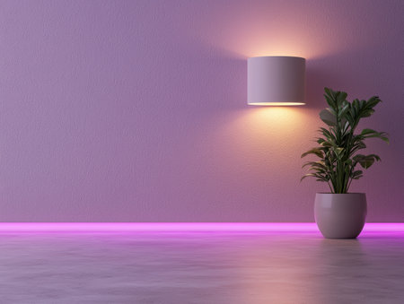 Purple room interior with plant and lampの素材
