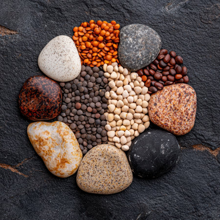 Assortment of lentils and legumes arranged with stones on dark backgroundの素材
