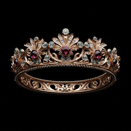 Rose gold crown with rubies and diamonds on black backgroundの素材