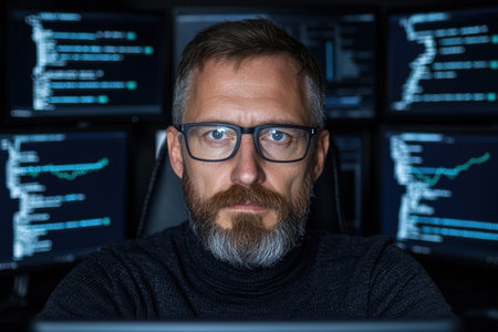 Focused programmer working late at night on multiple computer screensの素材