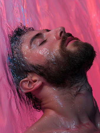 Sensual man with beard under pink water streamの素材