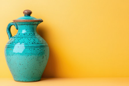 Teal ceramic jug with lid on yellow backgroundの素材