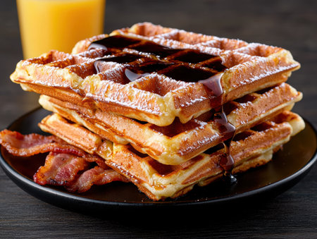 Delicious waffles with syrup and bacon for breakfastの素材