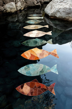 Stone mosaic fish swimming in a clear pondの素材
