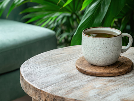 A cup of tea on a wooden table in a relaxing atmosphereの素材