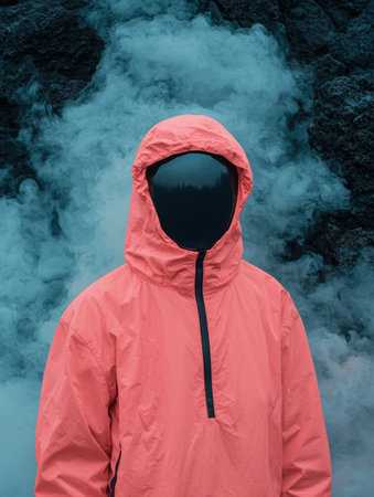 Person in pink hooded jacket in smoky environmentの素材