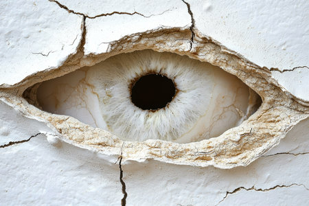 Close-up of an eye peering through a cracked wallの素材