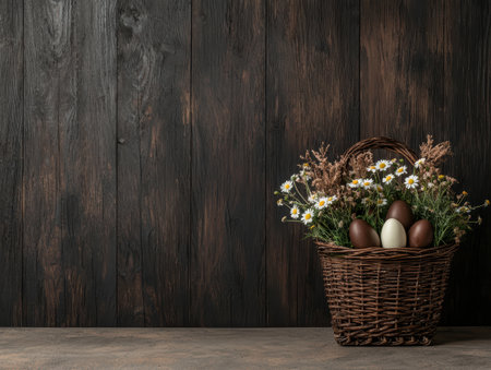Chocolate Easter eggs in a wicker basket with wildflowersの素材