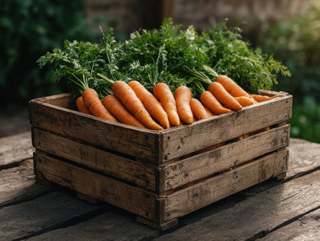 Freshly harvested carrots in a rustic wooden crateの素材
