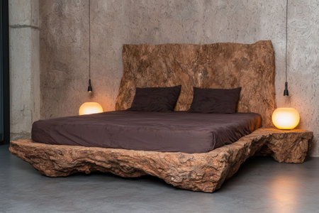 Luxury rustic bedroom with wooden bed and headboardの素材