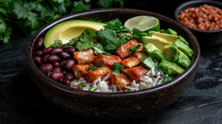 Delicious and healthy vegetarian bowl with rice, beans, avocado, and tofuの素材