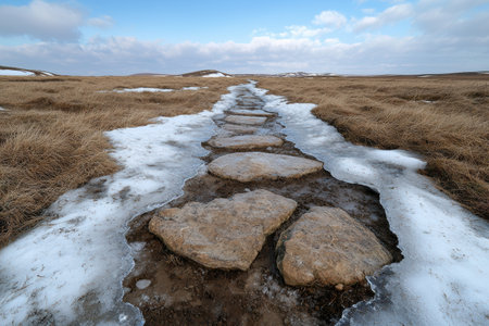 Icy stone path through winter landscapeの素材