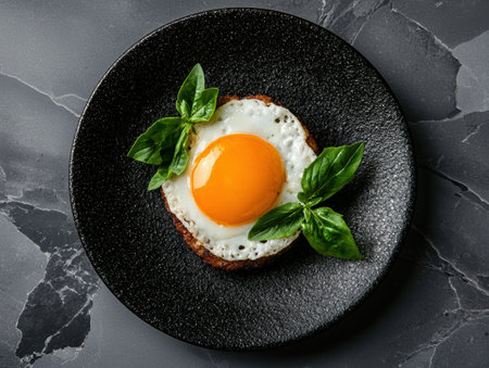 Fried egg on black plate with basil garnishの素材
