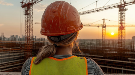 Female construction worker looking at sunset over construction siteの素材