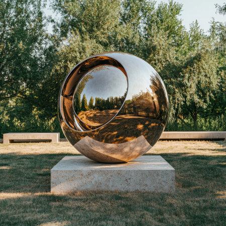 Modern metallic sphere sculpture in a tranquil garden settingの素材