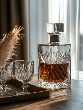 Crystal decanter of amber liquor with glasses on wooden trayの素材