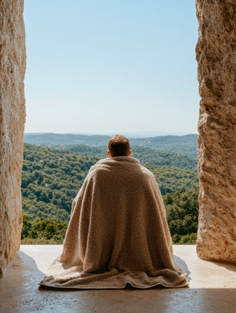 Man wrapped in a blanket sits and contemplates a scenic vistaの素材