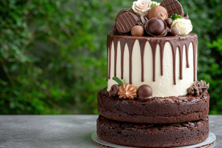 Delicious chocolate drip cake with brownie layers and assorted chocolatesの素材