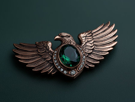 Ornate eagle brooch with green gemstone and diamondsの素材
