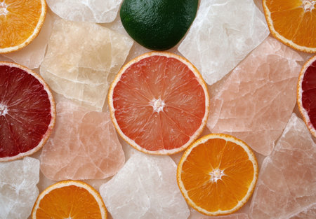 Citrus fruits on pink and white stonesの素材
