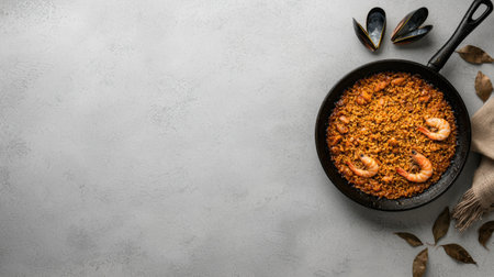 Overhead view of a delicious seafood paella in a rustic pan, garnished with shrimp and musselsの素材