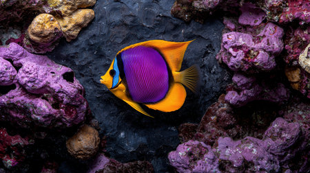 Vibrant purple and orange fish in a coral reef aquariumの素材