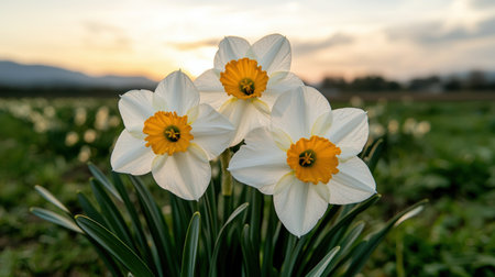 Three white daffodils with orange centers in a field at sunsetの素材