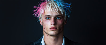 Portrait of a young man with pink and blue hairの素材