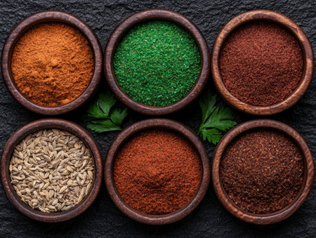 Assortment of spices in wooden bowls on dark backgroundの素材