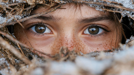 Close-up of a child's eyes peering through snowy branchesの素材