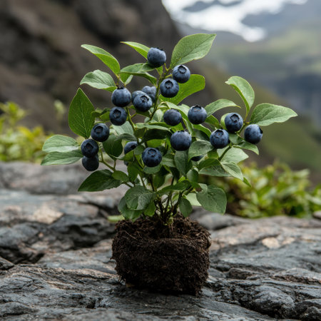 Wild blueberries growing on a rocky mountainsideの素材