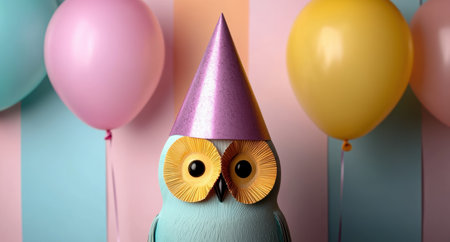 Cute owl wearing a party hat surrounded by pastel balloonsの素材