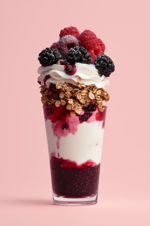 Delicious berry and granola parfait in glassの素材