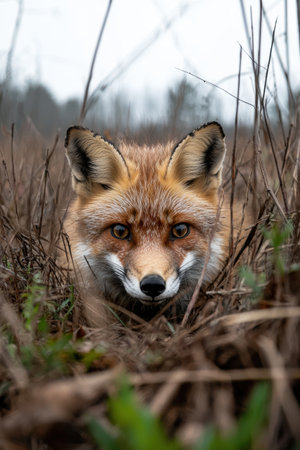 Red fox peering from tall grassの素材