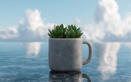 Succulent in a gray mug against a cloudy skyの素材