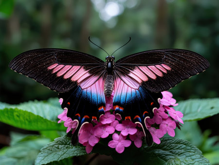 Pink and black butterfly on purple flowerの素材