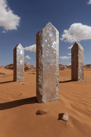 Three metallic obelisks stand in a desert landscape under a blue skyの素材