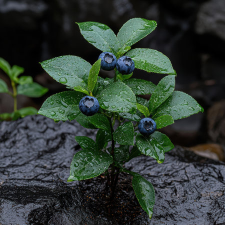 Close-up of fresh blueberries growing on a bush with water droplets on the leavesの素材