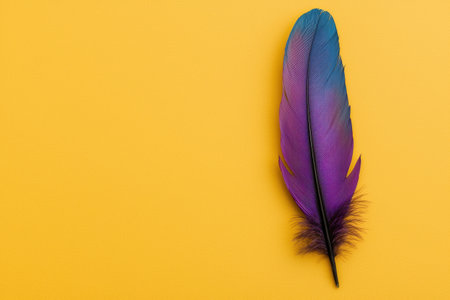 Single purple feather on yellow backgroundの素材