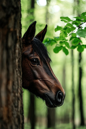 Dark brown horse peeking from behind a tree in a forestの素材